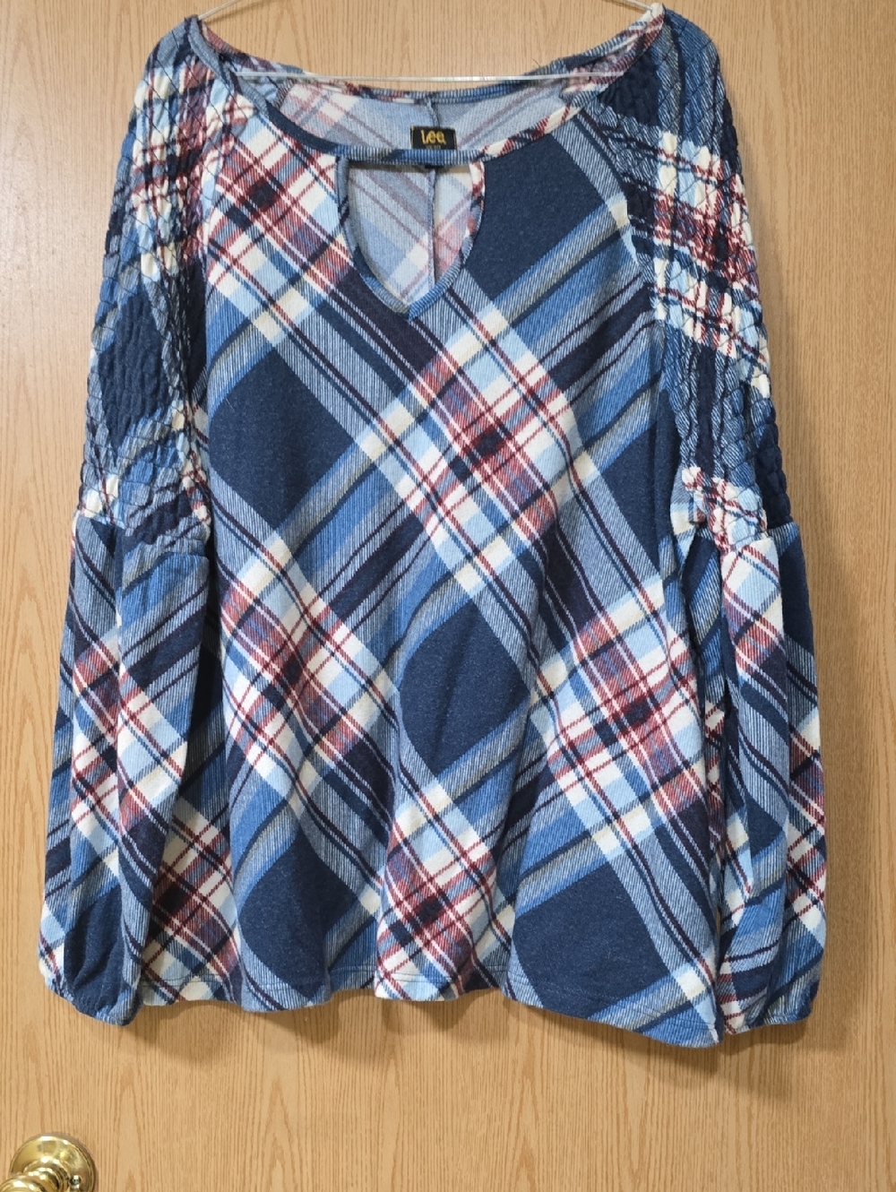 Lee Navy and Burgandy Plaid Keyhole Long Sleeve Top